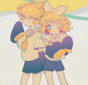 1boy 1girl ahoge black_shorts blonde_hair blue_eyes bright_pupils brother_and_sister commentary_request hair_ornament hairband hairclip kagamine_len kagamine_rin mawarusanso one_eye_closed parted_lips ponytail sailor_collar short_hair shorts siblings sleeves_past_fingers sleeves_past_wrists treble_clef vocaloid white_hairband white_pupils