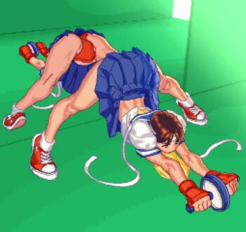 1girl animated animated_gif ass ass_shake bingo_tarte brown_hair buruma capcom dress exercising gloves headband kasugano_sakura legs legs_apart mirror panties pixel_art red_panties sailor_dress school_uniform street_fighter street_fighter_zero_(series) thighs tomboy top-down_bottom-up underwear upskirt