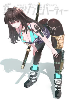 1girl black_hair breasts cleavage girls_zombie_party knife kojima_takeshi looking_at_viewer mitsurugi_saya smile sword weapon