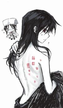 2boys ? absurdres back back_focus black_hair blush chibi chibi_inset chinese_clothes chinese_commentary cocito dao_gui_yi_xian flying_sweatdrops from_behind hair_down hand_in_own_hair hand_on_own_shoulder hanfu hat highres holding holding_unworn_clothes jin_(headwear) li_huowang long_hair looking_at_viewer looking_back male_focus monochrome multiple_boys open_clothes open_robe partially_undressed red_eyes robe seal_impression simple_background solo_focus spot_color sweatdrop topless_male undressing white_background yaoi zhouzi_jin_(headwear) zhuge_yuan