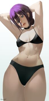 1girl absurdres arms_up bikini black_bikini black_choker blue_eyes breasts chainsaw_man choker closed_mouth hair_between_eyes hair_bun highres navel purple_hair reze_(chainsaw_man) ruuudy_(shirozu07) simple_background small_breasts solo swimsuit white_background