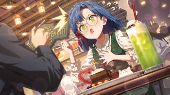 1boy 1girl blue_hair blurry blurry_foreground cake commentary_request food fork game_cg glasses green_eyes hand_on_own_chest holding holding_fork idolmaster idolmaster_million_live! idolmaster_million_live!_theater_days indoors medium_hair melon_soda nanao_yuriko official_art open_mouth restaurant round_eyewear sitting solo_focus third-party_source v-shaped_eyebrows