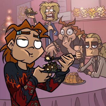 1girl 3boys bad_food blonde_hair blue_eyes blue_sweater brown_hair christmas christmas_tree covering_own_mouth dee_(metal_family) ear_piercing eating eyebrow_piercing face_piercing food freckles glam_(metal_family) heavy_(metal_family) highres holding holding_spoon indoors long_hair metal_family multiple_boys multiple_girls official_art open_mouth orange_hair piercing plate ponytail shirt skull skull_print spoon sweater thumbs_up toon_(style) vicky_(metal_family)