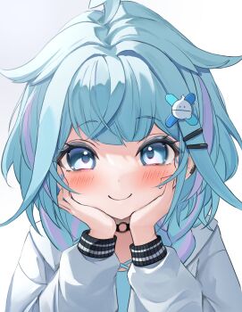 1girl ahoge blue_eyes blue_hair blue_shirt blunt_bangs blush braid choker closed_mouth commentary hair_flaps hair_ornament hairclip hands_on_own_cheeks hands_on_own_face highres hololive hololive_dev_is jacket long_sleeves looking_at_viewer low_twin_braids mizumiya_su mizumiya_su_(1st_costume) multicolored_hair o-ring o-ring_choker pink_streaks shirt simple_background smile solo streaked_hair tatsu_(tattti2022) twin_braids two-tone_hair upper_body virtual_youtuber white_background white_jacket x_hair_ornament