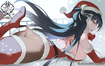 1girl back_tattoo backless_dress backless_outfit bare_shoulders bilingual_commentary black_lips boots breasts brown_pantyhose character_request commentary commission copyright_request detached_sleeves dress english_commentary from_side fur-trimmed_dress fur-trimmed_headwear fur-trimmed_sleeves fur_trim hat high_heel_boots high_heels highres hooked_on_heel lace_pantyhose_hooked_on_heel_(meme) large_breasts lipstick long_hair looking_at_viewer lying makeup matsumoto_tomoyohi meme mixed-language_commentary multicolored_hair on_stomach pantyhose parted_lips red_boots red_dress santa_costume santa_dress santa_hat short_dress sideboob skeb_commission smile solo streaked_hair tattoo the_pose thigh_boots white_streaks yellow_eyes