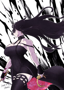 1girl absurdres bare_shoulders black_dress black_hair black_thighhighs blood breasts closed_mouth commentary_request cowboy_shot dagger dated dress earrings floating_hair floral_print gold_earrings gold_hairband hairband highres holding holding_dagger holding_hairband holding_knife holding_weapon jewelry knife large_breasts long_hair looking_to_the_side mich_kj muscular muscular_female red_dress red_eyes rose_print short_dress sideways_mouth signature solo spy_x_family standing thighhighs two-sided_dress two-sided_fabric two-tone_dress unworn_hairband very_long_hair weapon yor_briar
