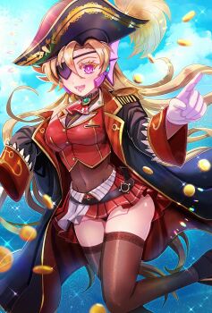 1girl ascot bicorne black_coat blonde_hair breasts choker coat coin cosplay cropped_jacket eyepatch frilled_choker frills hat highres hololive houshou_marine houshou_marine_(1st_costume) houshou_marine_(cosplay) jacket kiwakiwa large_breasts leather_belt leotard leotard_under_clothes long_hair marty_(mega_man) mega_man_(series) mega_man_x_(manga) mega_man_x_(series) miniskirt one_eye_covered pirate pirate_hat pleated_skirt purple_eyes red_ascot red_jacket red_skirt see-through_clothes see-through_leotard skirt solo virtual_youtuber