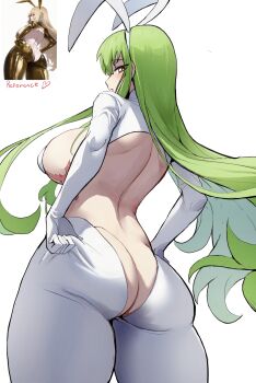 Rule 34 | 2girls, adjusting clothes, animal ear hairband, animal ears, ass, backless outfit, breasts, butt crack, c.c., code geass, fake animal ears, from behind, from below, funi xd, green eyes, hairband, highres, hiphighs, large breasts, long hair, long sidelocks, multiple girls, playboy bunny, rabbit ear hairband, rabbit ears, reference inset, reverse bunnysuit, reverse outfit, shrug (clothing), sidelocks, simple background, very long hair, very long sidelocks, white background, white hiphighs, white shrug, yellow eyes