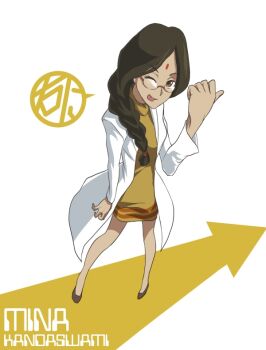 00s 1girl arrow_(projectile) bindi braid character_name darker_than_black dress facial_mark female_focus forehead_mark full_body glasses lab_coat mina_kandaswami oso_(toolate) solo standing wink