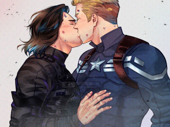 2boys arm_up black_shirt blonde_hair brown_hair bucky_barnes bulletproof_vest captain_america captain_america_(series) closed_eyes collared_shirt commentary_request from_side grey_background hand_on_another's_chest kiss long_sleeves male_focus marvel medium_hair multiple_boys parted_hair sherlock7akane shirt star_(symbol) steve_rogers upper_body vest watermark yaoi