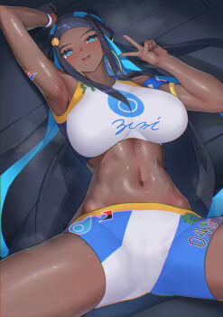 1girl armlet bare_shoulders black_hair blue_eyes blue_hair blue_shorts blush breasts dark-skinned_female dark_skin earrings eyeliner gloves haska_(user_gure4787) highres hoop_earrings jewelry large_breasts long_hair looking_at_viewer lying makeup multicolored_hair multicolored_shorts navel nessa_(pokemon) nintendo on_back open_mouth pokemon pokemon_sword_and_shield short_shorts shorts sidelocks single_glove smile solo sports_bra spread_legs thighs two-tone_hair white_sports_bra wristband