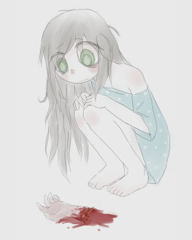 1girl bare_shoulders barefoot blood blue_dress closed_mouth dress green_eyes grey_background guro highres long_hair mentha_(menthalovely) mint_(menthalovely) off-shoulder_dress off_shoulder original simple_background sitting solo