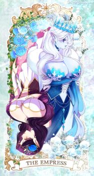 1girl arm_under_breasts blue_eyeshadow blue_flower blue_lips blue_rose breasts card_(medium) closed_eyes colored_skin crown earrings eyeshadow facial_mark flower grey_flower grey_rose grey_skin hair_flower hair_ornament highres indie_virtual_youtuber jewelry large_breasts long_hair makeup navel pointy_ears roisin rose tarot tarot_(medium) twitter_username vexoria_the_sun_eater virtual_youtuber white_hair