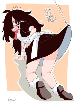 1girl @_@ ^^^ all_fours apron artist_name black_dress black_eyes black_hair blush border brown_shoes clothes_lift commentary_request dress fish_hook from_behind glasses hair_over_one_eye highres long_hair looking_back maid messy_hair neck_ribbon open_mouth orange_background original outline puffy_short_sleeves puffy_sleeves red_ribbon ribbon rottedchun shoes short_sleeves signature skirt skirt_lift socks solo sweatdrop translation_request white_apron white_border white_outline white_socks white_wrist_cuffs wrist_cuffs