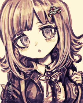 1girl :o backpack bag blush breasts brown_hair collared_shirt danganronpa_(series) danganronpa_2:_goodbye_despair dress_shirt flipped_hair grey_eyes hair_ornament highres jacket large_breasts long_sleeves medium_hair nanami_chiaki neck_ribbon open_clothes open_jacket pink_ribbon ribbon shirt simple_background solo tsukihi_shida two-tone_shirt