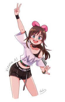 1girl aqua_eyes arm_up belt bent_over black_choker black_shorts black_tank_top bow bracelet brown_hair character_name choker commentary_request crop_top cropped_legs cropped_shirt galois hair_bow highres jewelry kizuna_ai kizuna_ai_inc. long_hair midriff off-shoulder_shirt off_shoulder open_mouth shirt short_shorts shorts signature smile solo tank_top v virtual_youtuber white_belt white_shirt wristband