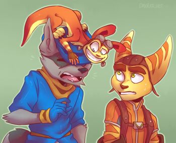 3boys animal_ears black_fur blue_gloves blue_hat blue_shirt closed_eyes commentary crossover daxratchet daxter english_commentary fangs furry furry_male gloves goggles goggles_on_head grey_fur grin hat jak_and_daxter lombax looking_at_another looking_up male_focus masked multicolored_fur multiple_boys notice_lines open_mouth orange_fur raccoon_boy raccoon_ears raccoon_tail ratchet_&amp;_clank ratchet_(ratchet_&amp;_clank) shirt sly_cooper sly_cooper_(series) smile standing_on_another&#039;s_head surprised sweatdrop tail yellow_fur