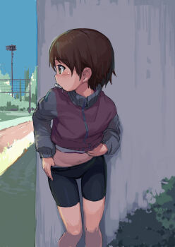 1girl absurdres bike_shorts blue_sky blush clear_sky clothes_lift clothes_pull day female_focus girls_und_panzer highres isobe_noriko jacket jacket_lift lifting_own_clothes long_sleeves mouth_hold outdoors plant profie profile pulling_own_clothes shorts shorts_pull sky solo standing tampon track_jacket zhongye_yu