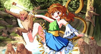1girl :d animal_ears barefoot blue_dress breasts brown_eyes brown_hair circlet commentary dress english_commentary green_dress highres holding holding_staff leg_up long_hair medium_breasts monkey monkey_girl monkey_tail multicolored_dress open_mouth outdoors sachisudesu sideboob single_sleeve single_strap smile soles solo son_biten staff tail touhou tree twintails water waterfall white_sleeves yellow_dress