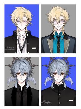 2boys absurdres alternate_costume aqua_shirt aventurine_(honkai:_star_rail) bandaid bandaid_on_face bespectacled bishounen black_jacket black_necktie black_shirt blonde_hair blue_background blue_hair chinese_commentary closed_mouth collared_shirt earrings eyewear_strap gakuran glasses hair_between_eyes hair_ornament hairclip halo head_wings highres honkai:_star_rail honkai_(series) jacket jewelry kayu_(yukagoin) light_smile looking_at_viewer male_focus medium_hair multiple_boys neck_tattoo necktie photo_(object) purple_eyes round_eyewear school_uniform shirt short_hair simple_background smile sunday_(honkai:_star_rail) tattoo twitter_username upper_body white_shirt wings yellow_eyes