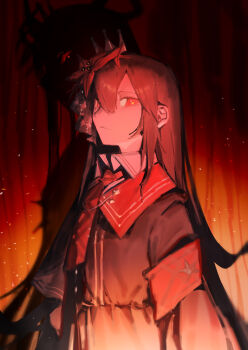 1girl absurdres armband black_hair black_shirt black_skirt churi_lan closed_mouth collared_shirt commentary_request cowboy_shot crown flower gradient_background hair_flower hair_ornament highres long_hair long_sleeves looking_at_viewer mahou_shoujo_no_majo_saiban necktie nikaido_hiro red_armband red_background red_eyes red_flower red_necktie shirt skirt solo