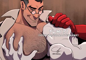 2boys bara bare_pectorals between_pecs between_pectorals black_hair blue_eyes cabbage_(ncalabby) chest_hair closed_mouth coat collared_coat elbow_gloves glasses gloves groping hand_on_another&#039;s_head happy head_between_pecs head_between_pecs_(meme) highres lab_coat large_pectorals long_sleeves looking_at_another male_focus mature_male medic_(tf2) medical_gloves multiple_boys muscular muscular_male nipples open_clothes open_coat pectoral_grab pectorals red_gloves red_medic_(tf2) rubber_gloves short_hair smile team_fortress_2 upper_body white_coat yaoi