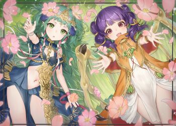 2girls :d :o border bracelet braid breasts chain commentary commission dragon_girl dragon_wings dress fingernails fire_emblem fire_emblem:_the_sacred_stones fire_emblem:_three_houses flower gem green_eyes green_gemstone green_hair haru_(nakajou-28) highres jewelry long_hair lying multiple_girls myrrh_(fire_emblem) navel nintendo on_back on_grass open_mouth pink_flower pixiv_commission pointy_ears purple_eyes purple_hair reaching reaching_towards_viewer simple_background small_breasts smile sothis_(fire_emblem) twintails white_background wings