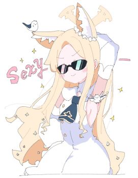 1girl 2others animal_ear_fluff animal_ears armpits arms_behind_head backless_dress backless_outfit bird black-framed_eyewear blonde_hair blue_archive blush breasts bright_pupils censored character_censor commentary_request cross_halo detached_sleeves dress english_text extra_ears floating_hair flower flower_wreath forehead fox_ears fox_girl frilled_dress frills glasses hair_flower hair_ornament halo hand_up long-tailed_tit long_hair long_sidelocks looking_at_viewer minarin_(393939min) multiple_others novelty_censor open_mouth presenting_armpit puffy_detached_sleeves puffy_sleeves sailor_collar school_uniform seia_(blue_archive) serafuku sideboob sidelocks simple_background sleeveless sleeveless_dress sleeves_past_fingers sleeves_past_wrists small_breasts solo sparkle straight_hair sweatdrop tinted_eyewear tit_(bird) upper_body v-shaped_eyebrows white_bird white_dress white_flower white_pupils white_sailor_collar wide_sleeves yellow_halo