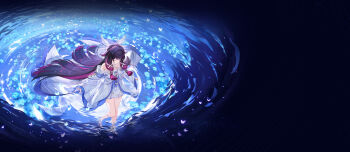 Rule 34 | 1girl, bad link, bare legs, bare shoulders, barefoot, bird, black hair, blue flower, bug, chinese text, closed eyes, closed mouth, columbina (genshin impact), copyright name, dress, eye mask, flower, genshin impact, hair spread out, head wings, highres, long hair, mask, multicolored hair, off-shoulder dress, off shoulder, official art, outdoors, solo, standing, standing on liquid, very long hair, water, white bird, white dress, white wings, wings