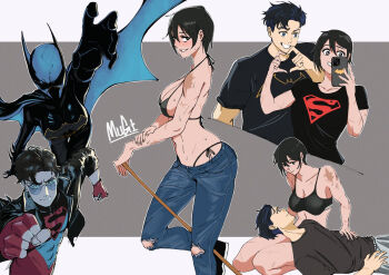 1boy 1girl batgirl cassandra_cain dc_comics denim jeans kon-el mugi_(mugit49) pants scar superboy sweat sweatdrop tagme