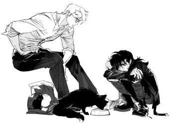 2boys age_difference animal atie1225 black_cat black_hair black_pants boots cat combat_boots eyebrow_piercing face_piercing facial_hair glass highres jacket keith_(voltron) looking_at_animal mature_male monochrome mullet multiple_boys muscular muscular_male pants pet_food piercing scar scar_on_face scar_on_nose shirt sitting squatting takashi_shirogane voltron:_legendary_defender voltron_(series) white_hair white_shirt