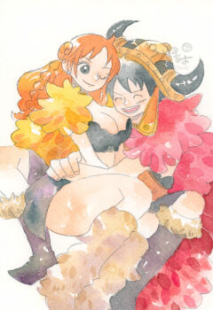 1boy 1girl absurdres arms_around_waist black_hair braid breasts brown_loincloth cape capelet cleavage closed_eyes closed_mouth commentary_request crop_top earrings facial_scar fake_horns feet_out_of_frame fur-trimmed_cape fur-trimmed_capelet fur_trim hand_on_another&#039;s_hip heads_together helmet highres horned_helmet horns hug jewelry large_breasts leg_warmers long_hair looking_at_another male_focus miniskirt monkey_d._luffy nami_(one_piece) official_alternate_costume one_eye_closed one_piece open_mouth orange_hair pearl_earrings red_cape scar scar_on_cheek scar_on_face signature sitting sitting_on_lap sitting_on_person skirt smile thighs traditional_media wavy_hair yachiy0 yellow_capelet