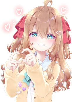 Rule 34 | 1girl, ahoge, aqua bow, aqua bowtie, badge, blue eyes, blue sailor collar, bow, bowtie, brown hair, button badge, cardigan, four-finger heart hands, grin, hair between eyes, hair ornament, hair ribbon, hashtag-only commentary, heart, heart hair ornament, heart hands, highres, long hair, long sleeves, neuro-sama, red ribbon, ribbon, sailor collar, shirt, smile, solo, two side up, upper body, vedal ai, virtual youtuber, white background, white shirt, yamabuki zarame, yellow cardigan