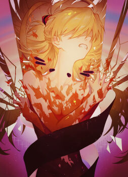 1girl absurdres arms_across_body bodysuit breasts clenched_teeth commentary covered_eyes dss_choker enip_o grimace hair_over_eyes head_back highres interface_headset_(evangelion) lance_of_longinus_(evangelion) long_hair mecha_pilot_suit neon_genesis_evangelion orange_hair plugsuit_(evangelion) red_bodysuit solo souryuu_asuka_langley tagme teeth torn_bodysuit torn_clothes upper_body