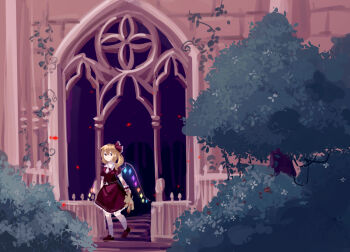 1girl ambiguous_red_liquid ascot blonde_hair bow brick_wall closed_mouth collared_shirt contrast_collar crystal_wings flandre_scarlet flower frilled_bow frilled_shirt_collar frilled_skirt frills furahata_gen gate hair_between_eyes hair_bow highres holding holding_stuffed_toy medium_hair petals plant ponytail rainbow_wings red_bow red_eyes red_shirt red_shoes red_skirt shirt shoes skirt socks solo stuffed_animal stuffed_toy teddy_bear touhou tree vines walking white_ascot white_socks wings