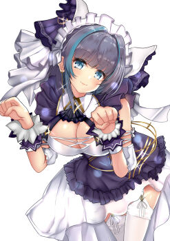 1girl absurdres animal_ears apron azur_lane blue_eyes blue_streaks breasts cheshire_(azur_lane) cleavage commentary_request cowboy_shot detached_sleeves dress earrings fake_animal_ears frilled_apron frilled_hairband frills hairband highres himura_moritaka jewelry large_breasts leaning_forward looking_at_viewer maid_headdress multicolored_hair paw_pose purple_apron simple_background solo streaked_hair thighhighs variant_set white_background white_dress white_thighhighs wrist_cuffs