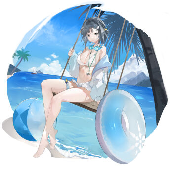 1girl absurdres arknights ball bare_legs beach beachball bikini black_eyes black_hair blue_sky chinese_commentary cloud commentary_request feather_hair full_body goggles goggles_around_neck hair_ornament highres id_card jacket jiban_(ttef4853) la_pluma_(arknights) la_pluma_(summer_flowers)_(arknights) lanyard light_smile looking_at_viewer mountainous_horizon ocean official_alternate_costume on_swing palm_tree sky solo swim_ring swimsuit swing thigh_strap tree white_bikini wing_hair_ornament