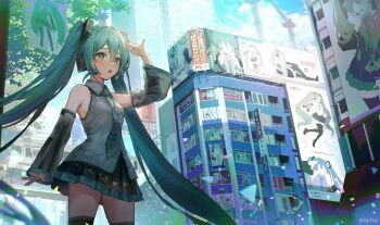 1girl aqua_eyes aqua_hair aqua_nails aqua_trim ay6as bare_shoulders black_skirt black_sleeves black_thighhighs blush boots breasts building cloud cloudy_sky collarbone collared_shirt commentary_request day detached_sleeves dot_nose frilled_shirt frills grey_shirt hair_between_eyes hair_ornament hand_up hatsune_miku hatsune_miku_(nt) highres hoshino_ichika_(project_sekai) long_hair long_sleeves looking_at_viewer medium_breasts miniskirt open_mouth outdoors piapro_studio pleated_skirt project_sekai revision shirt skirt sky sleeveless sleeveless_shirt thigh_boots thighhighs thighs twintails very_long_hair vocaloid zettai_ryouiki