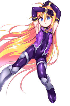 1girl ahoge alternate_hairstyle armpits arms_up blonde_hair blue_eyes bodysuit boots breasts commentary_request covered_erect_nipples covered_navel elbow_gloves girl_with_a_blonde_braid_(tomoshibi_hidekazu) gloves gluteal_fold highres legs_apart long_hair looking_at_viewer open_mouth original purple_bodysuit purple_boots purple_gloves skin_tight small_breasts solo thighs tomoshibi_hidekazu very_long_hair