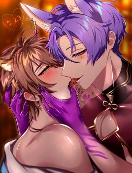 2boys animal_ear_fluff animal_ears blush brown_eyes brown_hair cheetah_boy clothing_cutout diamond_cutout drooling earrings eiden_(nu_carnival) eyeshadow fingernails fox_boy fox_ears french_kiss half-closed_eyes highres jewelry kiss kuya_(nu_carnival) looking_at_another makeup male_focus mole mole_under_eye multiple_boys nu_carnival open_mouth pectoral_cleavage pectorals purple_eyes purple_hair saliva saliva_trail sharp_fingernails short_hair shoulder_tattoo sleeveless slit_pupils smug tattoo thumb_in_mouth tongue tongue_out yadome810 yaoi