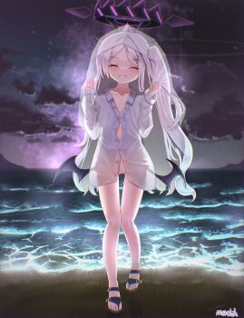 1girl absurdres ahoge black_halo blue_archive demon_girl demon_horns demon_wings halo highres hina_(blue_archive) horns long_hair looking_at_viewer low_wings mountain night night_sky obsi ocean outdoors purple_eyes pussy shirt sky solo star_(sky) very_long_hair white_hair white_shirt wings