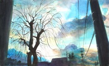 bare_tree blue_sky cloud cloudy_sky commentary_request day original outdoors painting_(medium) power_lines scenery sky traditional_media tree utility_pole waka_miso watercolor_(medium) winter