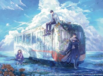 1girl 2boys bab_du_666 black_coat black_hair black_shirt boots caustics cloud cloudy_sky coat contrail contrapposto crossed_arms full_body grass han_sooyoung holding holding_umbrella hood hoodie horizon kim_dokja leaning_back lily_pad looking_at_viewer multiple_boys omniscient_reader's_viewpoint overgrown painterly plant popped_collar purple_hoodie scenery shirt short_hair sitting sky squatting subway tiger_lily umbrella vines water white_coat yoo_joonghyuk