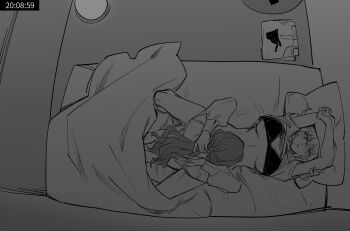 2girls arms_up bang_dream! bang_dream!_it&#039;s_mygo!!!!! blush bra breasts breasts_apart chinese_commentary clothes_lift commentary_request from_above futon girl_on_top greyscale hair_tie head_on_pillow highres large_breasts long_hair long_sleeves looking_at_another lying misumi_uika monochrome multiple_girls nideaneng on_back panties parted_lips pillow security_camera shirt_lift short_sleeves skirt sweat sweatdrop timestamp togawa_sakiko tying_hair underwear unworn_clothes unworn_panties unworn_skirt variant_set wavy_hair yuri