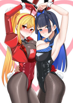 2girls absurdres animal_ear_hairband animal_ears armpits artist_name black_hair black_necktie blonde_hair blue_bow blue_bowtie blue_eyes blue_hair blush bow bowtie breast_press colored_inner_hair commentary covered_navel embarrassed fake_animal_ears fishnet_pantyhose fishnets gloves hair_intakes hairband hand_on_another's_back highres hololive hololive_english hololive_indonesia kaela_kovalskia long_hair multicolored_hair multiple_girls necktie ouro_kronii pantyhose plaid_clothes playboy_bunny ponytail rabbit_ear_hairband rabbit_ears rabbit_tail red_eyes red_gloves smile symmetrical_docking tail virtual_youtuber white_wrist_cuffs wrist_cuffs zedxxx