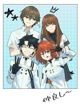 2boys 2girls absurdres anger_vein black_gloves black_hair brown_eyes brown_hair closed_eyes crossed_arms crown_(symbol) false_smile fate/extra fate/grand_order fate_(series) fujimaru_ritsuka_(female) fujimaru_ritsuka_(female)_(decisive_battle_chaldea_uniform) fujimaru_ritsuka_(male) fujimaru_ritsuka_(male)_(decisive_battle_chaldea_uniform) gloves highres kishinami_hakuno_(female) kishinami_hakuno_(male) looking_at_another looking_at_viewer millonview619 multiple_boys multiple_girls one_eye_closed orange_eyes orange_hair sailor_collar shirt smile square star_(symbol) tongue tongue_out v white_background white_shirt