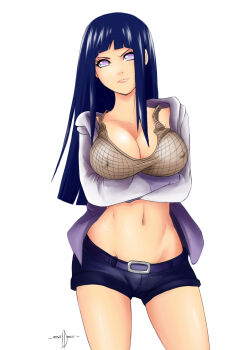 1girl alternate_costume angry bad_deviantart_id bad_id belt blue_hair bra breast_hold breasts cleavage covered_erect_nipples crossed_arms evil-dei female_focus fishnets frown groin highres hime_cut hood hoodie hyuuga_hinata jacket large_breasts long_hair looking_at_viewer midriff naruto:_road_to_ninja naruto_(series) naruto_shippuuden navel open_clothes open_hoodie open_jacket purple_eyes short_shorts shorts signature simple_background solo standing underwear