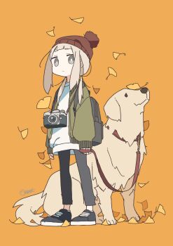 1girl absurdres aida_(aidia) animal autumn beanie black_pants black_shoes blunt_bangs bright_pupils brown_hat camera camera_around_neck closed_mouth commentary_request dog full_body green_jacket grey_eyes grey_hair hat highres jacket leaf long_hair long_sleeves low_twintails open_clothes open_jacket original pants shirt shoes sidelocks signature simple_background solo standing twintails white_pupils white_shirt yellow_background