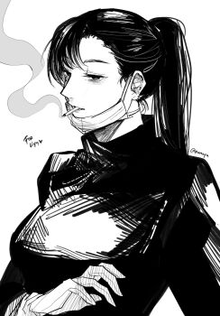 1girl artist_name bags_under_eyes black_eyes black_hair black_shirt black_sleeves cigarette commentary cropped_torso english_commentary english_text gloves greyscale highres ieiri_shoko jujutsu_kaisen long_hair looking_at_viewer mask monochrome mouth_mask parted_lips ponytail qeanoya shirt simple_background smoke smoking solo solo_focus surgical_mask sweater turtleneck turtleneck_sweater twitter_username unworn_mask white_background white_gloves
