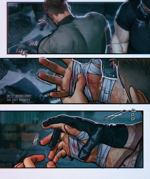 2boys bandaged_hand bandages bara black_gloves black_hair black_shirt call_of_duty call_of_duty:_modern_warfare_2 ghost_(modern_warfare_2) gloves grey_shirt highres holding_hands injury large_pectorals male_focus multiple_boys muscular pectorals shirt short_hair soap_(modern_warfare_2) twitter_username umikochannart yaoi